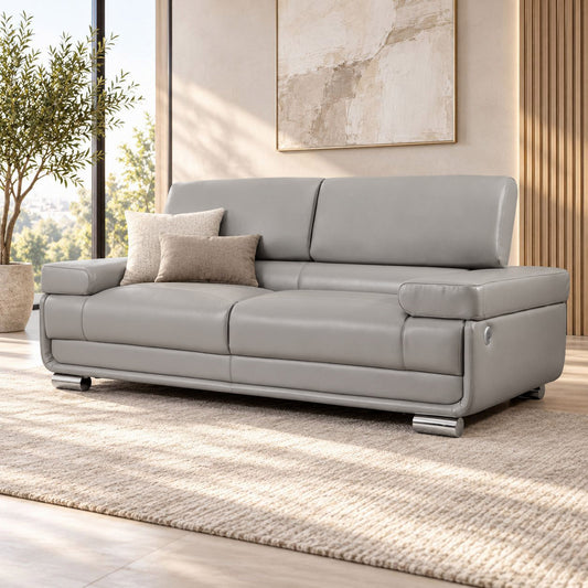 Leather Gallery Tobago 3 Seater Leather Couch in Grey, featuring light grey leather upholstery with matching cushions in a modern living room.