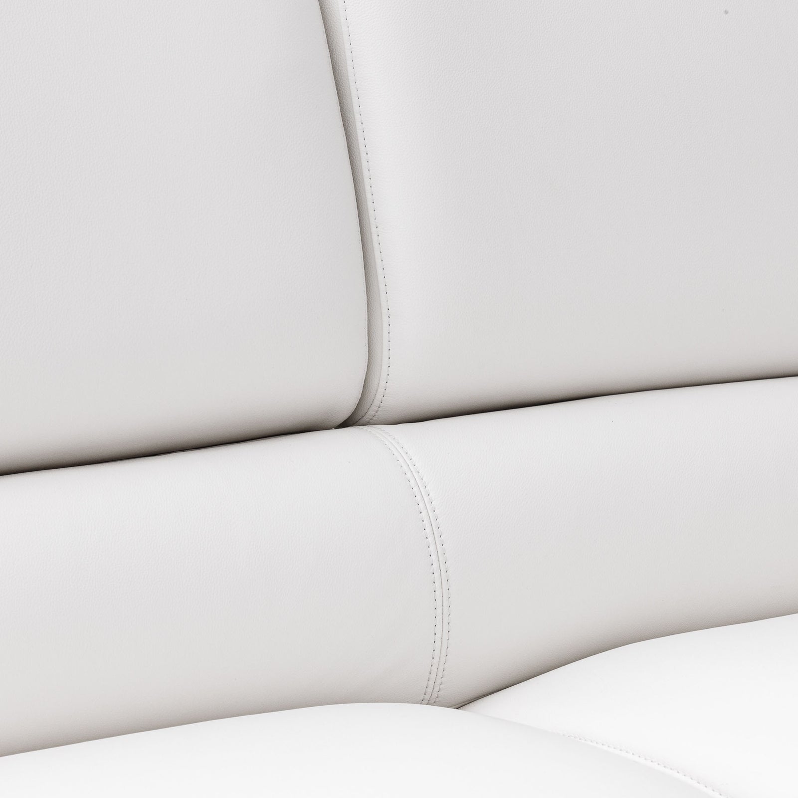 Close-up of the Leather Gallery Tobago 5 Seater L Shape Sectional in white, showing the seat cushion, backrest, and clean stitching.