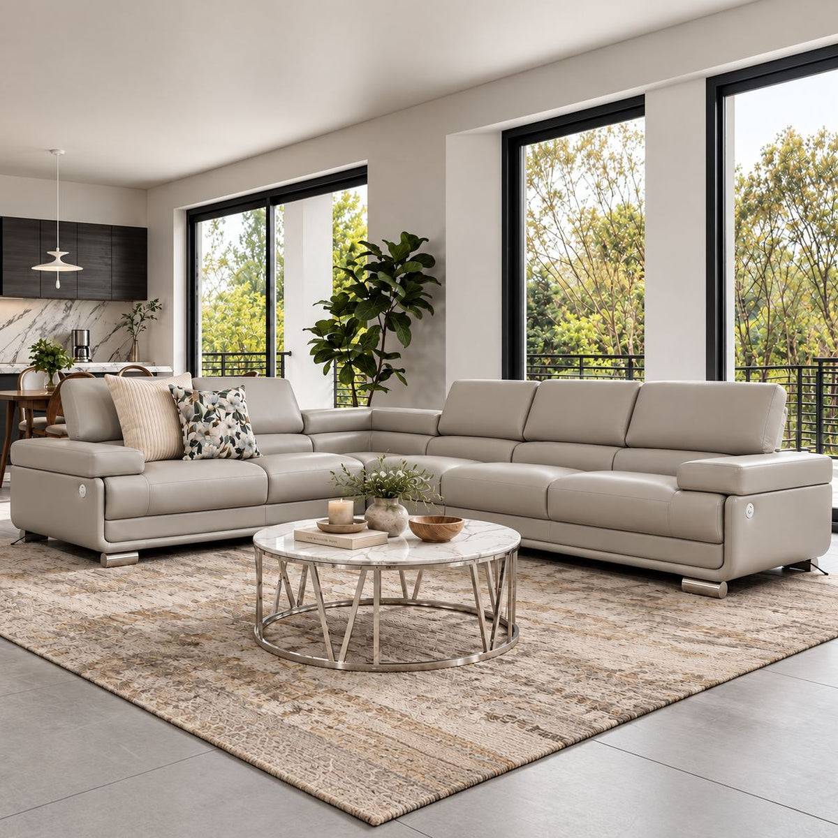 Leather Gallery Tobago 5 Seater Leather L Shape Couch in Grey, featuring a modern L-shaped design and smooth leather upholstery.