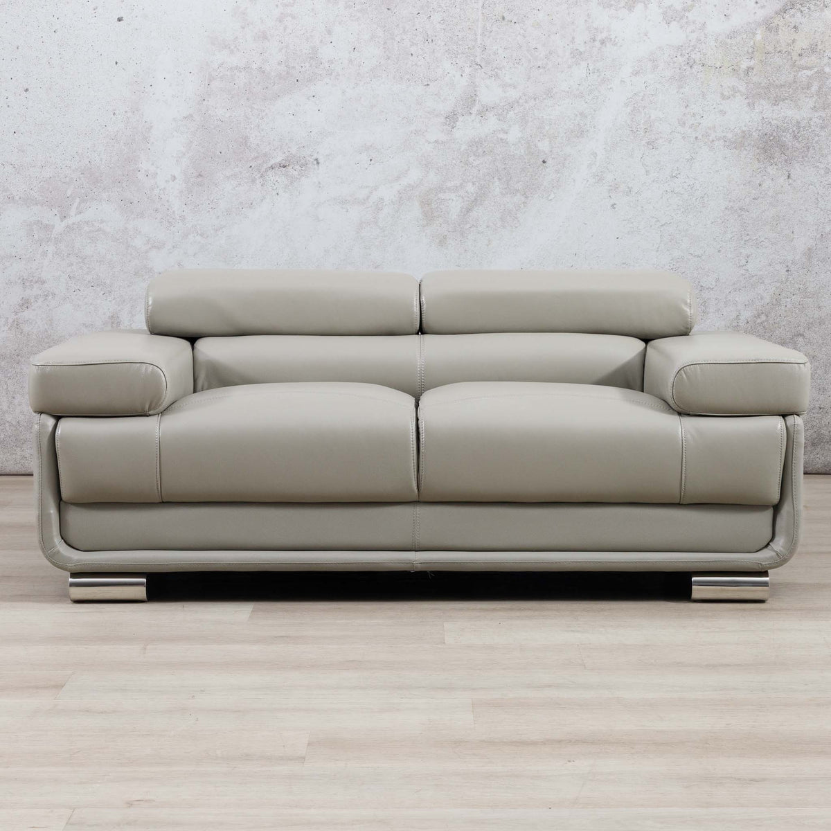 Leather Gallery Tobago 3 Seater Leather Couch in Grey, featuring a low-profile design and polished silver metal legs.