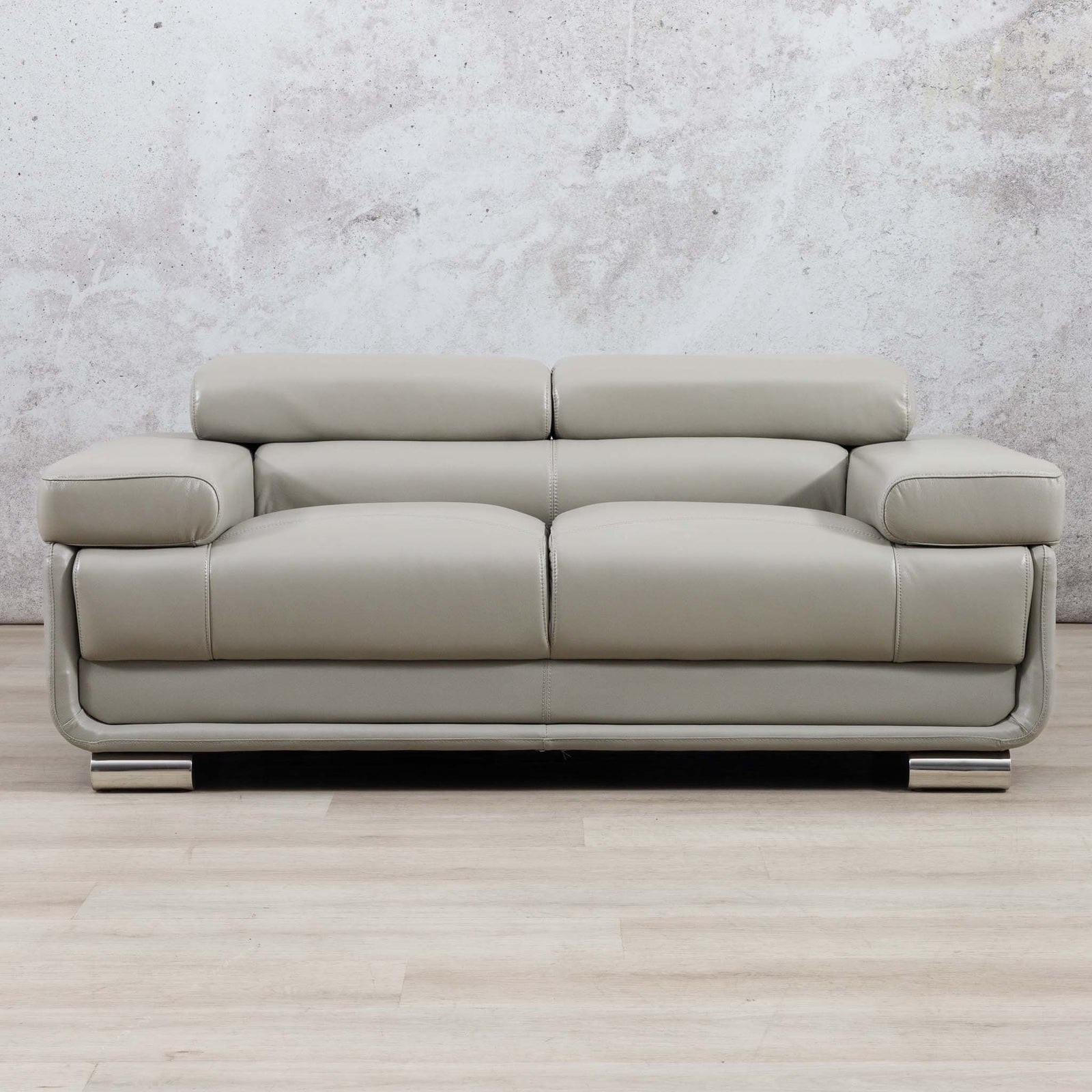 Leather Gallery Tobago 3 Seater Leather Couch in Grey, featuring a low-profile design and polished silver metal legs.