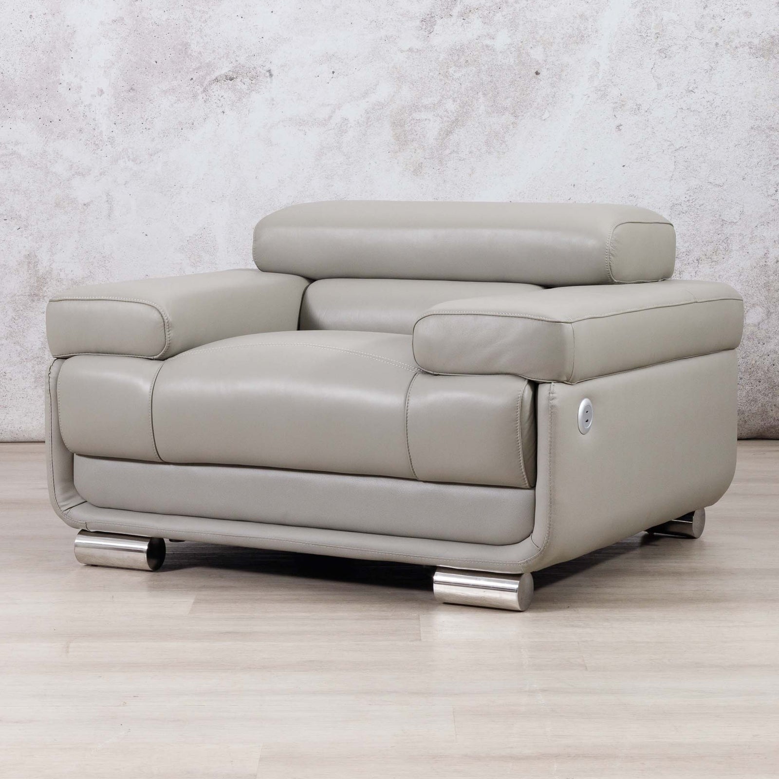 Leather Gallery Tobago 1 Seater Leather Couch in Grey, featuring a low-profile rectangular design and cylindrical chrome legs.