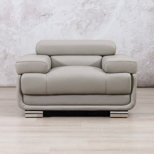 Leather Gallery Tobago 1 Seater Leather Couch in Grey, featuring polished chrome legs and a modern low-profile design.