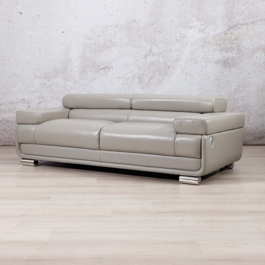 Leather Gallery Tobago 3 Seater Leather Couch in Grey, featuring light leather upholstery and polished silver metal legs.