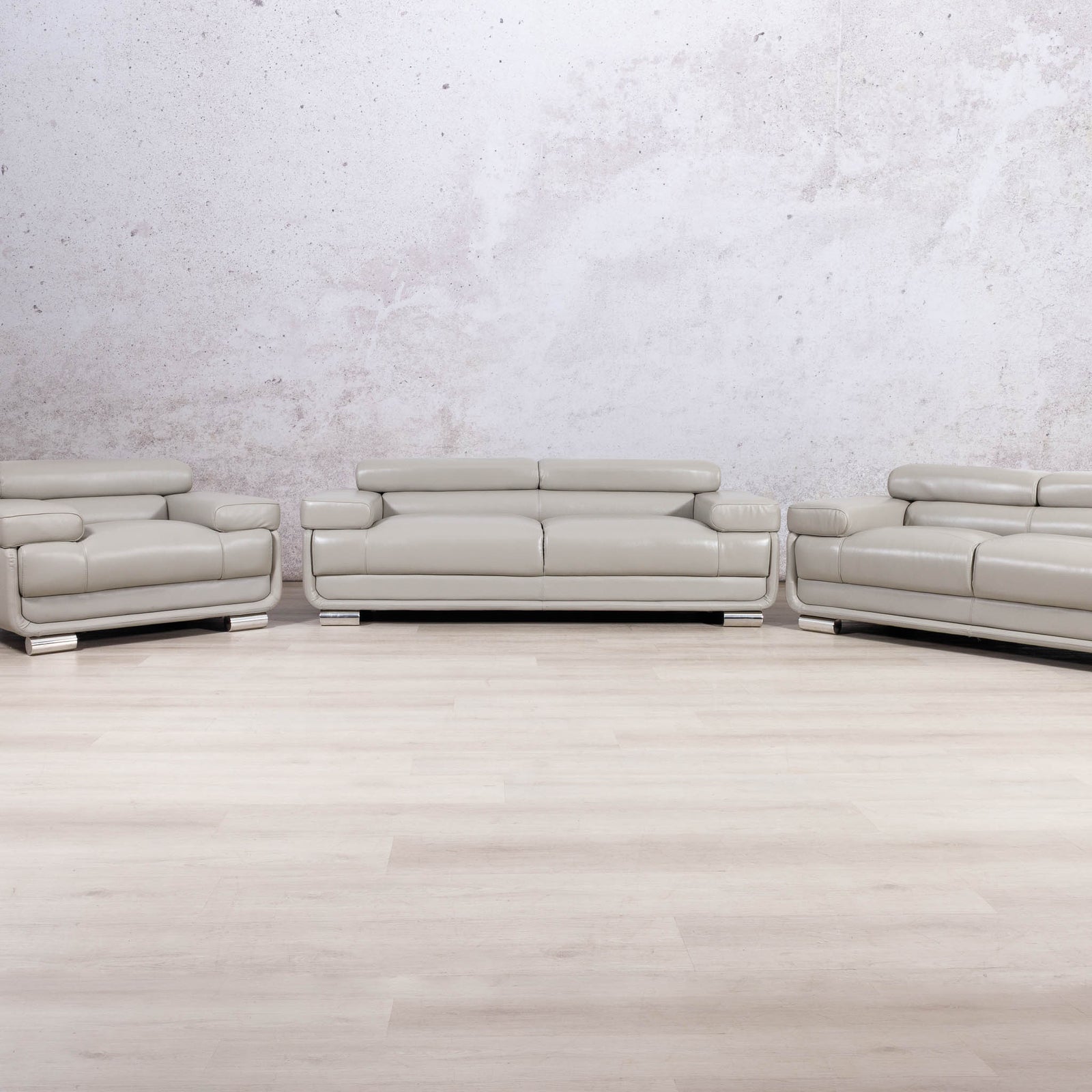 Leather Gallery Tobago 3+2+1 Leather Lounge Suite in Grey, featuring matching 3 seater, 2 seater, and 1 seater leather seating.