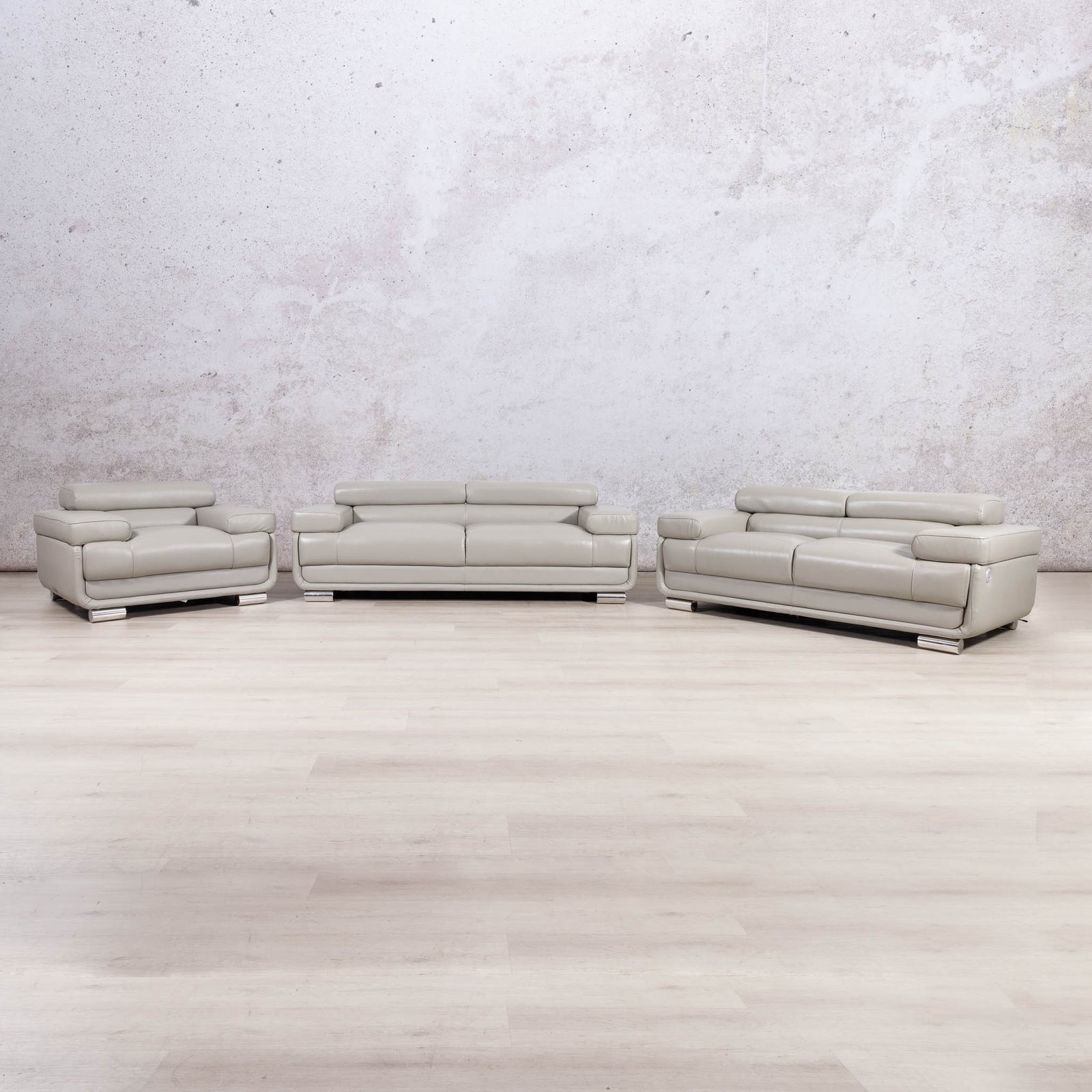 Leather Gallery Tobago 3+2+1 Leather Lounge Suite in Grey, featuring matching 3 seater, 2 seater, and 1 seater leather seating.
