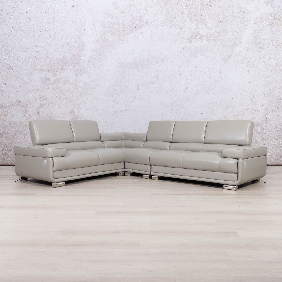 Leather Gallery Tobago 5 Seater Leather L Shape Couch in Grey, featuring a modern L-shaped design and smooth leather upholstery.