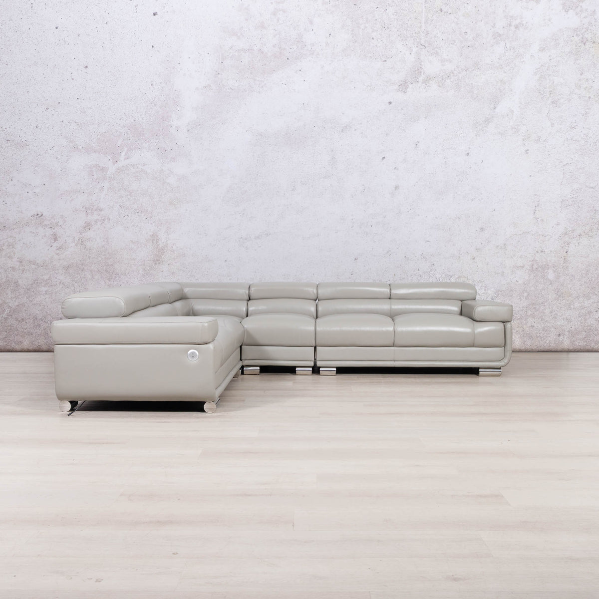 Leather Gallery Tobago 5 Seater Leather L Shape Couch in Grey, featuring a modern sectional design and smooth leather upholstery.