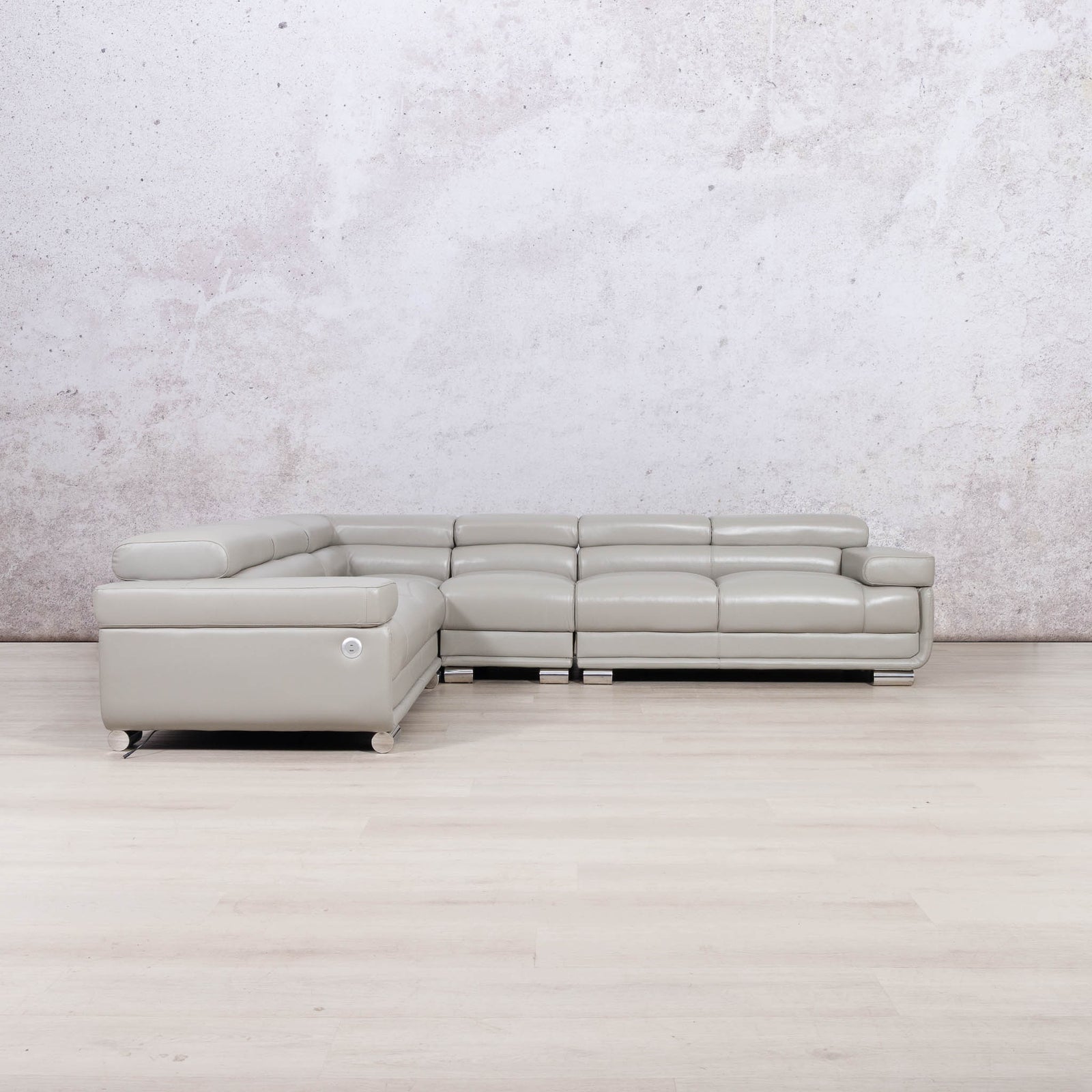 Leather Gallery Tobago 5 Seater Leather L Shape Couch in Grey, featuring a modern sectional design and smooth leather upholstery.
