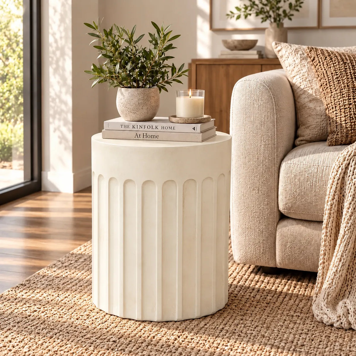 Gallery Everyday Travolta Side Table in Aruba Sand, featuring a cylindrical fluted design in a warm cream finish.