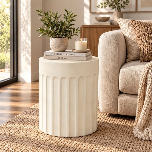 Gallery Everyday Travolta Side Table in Aruba Sand, featuring a cylindrical fluted design in a warm cream finish.