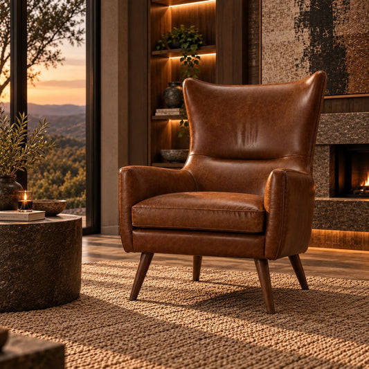 Stattera Valero Leather Armchair in Midnight Brown, featuring rich brown leather upholstery and a classic mid-century wingback design.