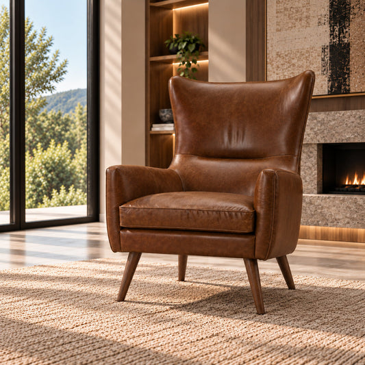 Stattera Valero Leather Armchair in Midnight Brown, featuring rich brown leather upholstery and a classic mid-century wingback design.