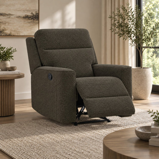 Gallery Everyday Vallano 1 Seater Fabric Recliner Chair in Truffle, shown with the footrest extended in a modern living room.
