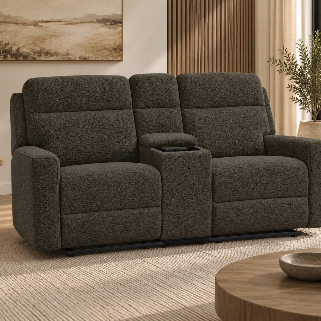 Leather Gallery Vallano 2 Seater Fabric Home Theatre Recliner Couch, featuring truffle textured upholstery in a modern living room.