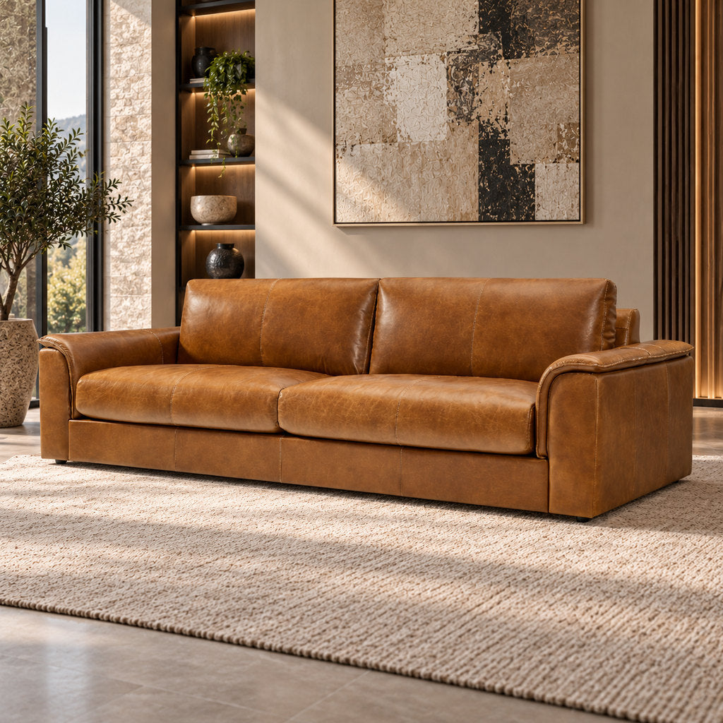 Stattera Westcott 3 Seater Leather Couch in Cinder Brown, featuring warm leather upholstery in a contemporary living room setting.