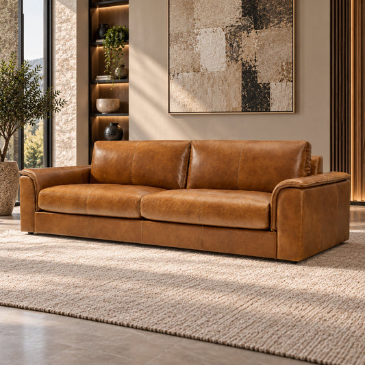 Stattera Westcott 3 Seater Leather Couch in Cinder Brown, featuring warm leather upholstery in a contemporary living room setting.