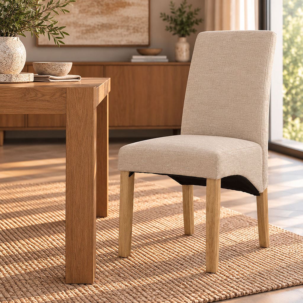 Leather Gallery Windsor Dining Chair in Antique Natural Oak, featuring light beige textured upholstery and light wood legs.