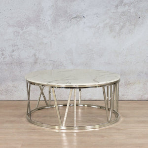 Zoya Coffee Table - White Marble Look Top & Silver Base - Available on Special Order Plan Only Coffee Table Leather Gallery DIA1010 x H450 White Marble Top - Silver Base 