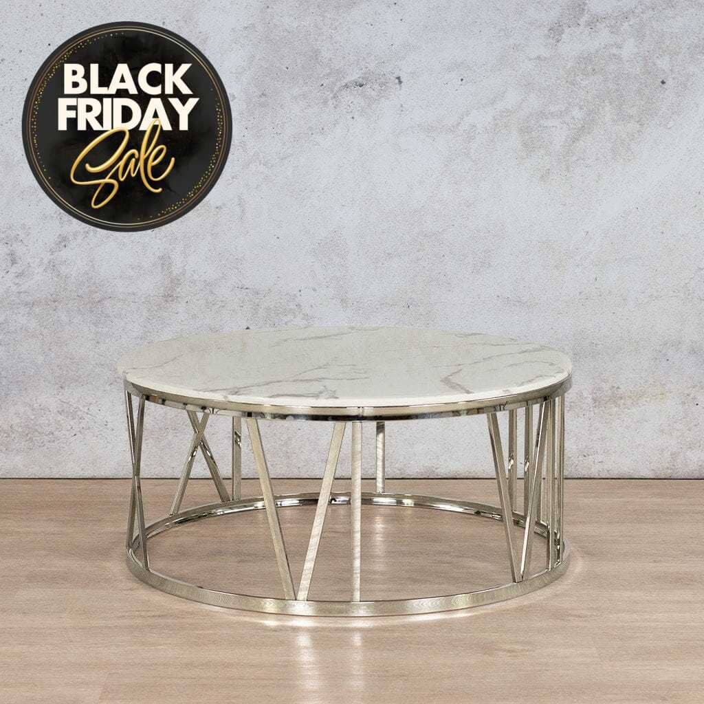 Zoya Coffee Table - White Marble Look Top & Silver Base Coffee Table Leather Gallery DIA1010 x H450 White Marble Top - Silver Base 