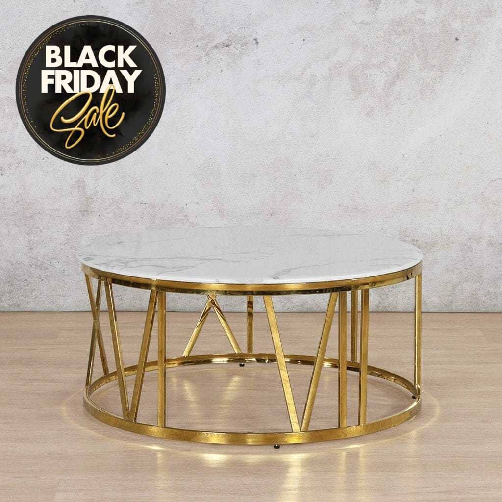 Zoya Coffee Table - White Marble Look Top & Gold Base Coffee Table Leather Gallery DIA1010 x H450 White Marble Top - Gold Base 