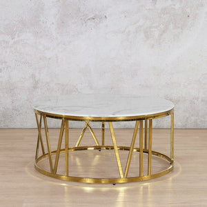 Zoya Coffee Table - White Marble Look Top & Gold Base - Available on Special Order Plan Only Coffee Table Leather Gallery DIA1010 x H450 White Marble Top - Gold Base 