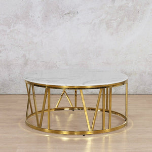 Zoya Coffee Table White Marble Look Top - Gold Base- Available on Special Order Plan Only Coffee Table Leather Gallery DIA1010 x H450 White Marble Top - Gold Base 