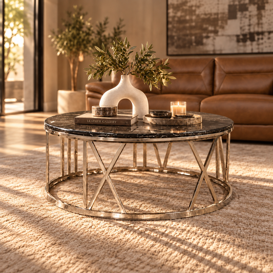 Zoya Coffee Table - Black Marble Look Top & Silver Base - DIA1010 x H450 / Black Marble Top - Silver Base - Coffee Table