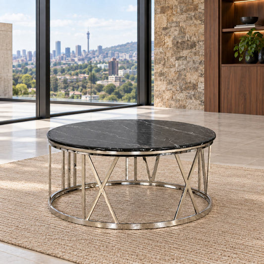 Zoya Coffee Table - Black Marble Look Top & Silver Base