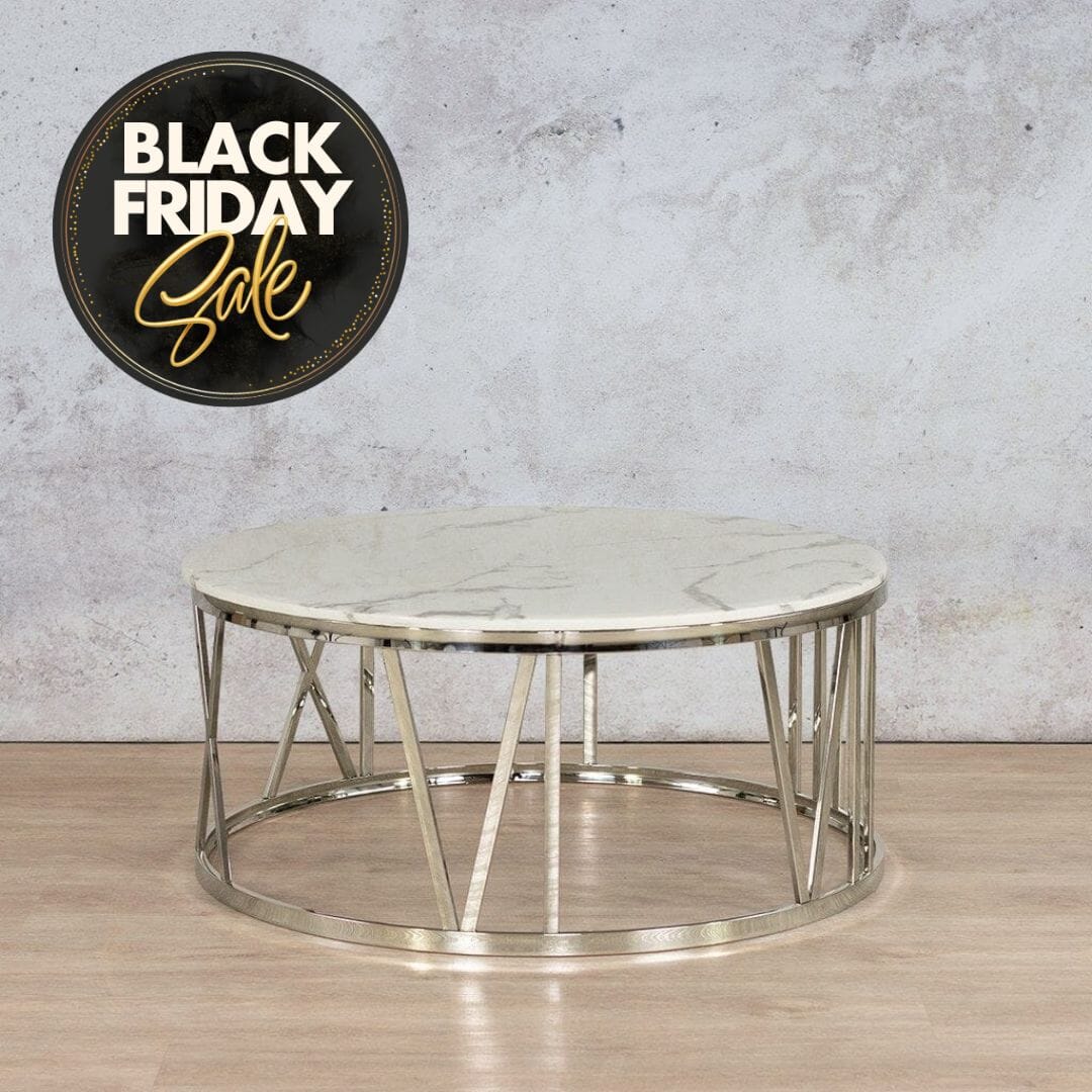 Zoya Coffee Table - White Marble Look Top & Silver Base - Available on Special Order Plan Only Coffee Table Leather Gallery 