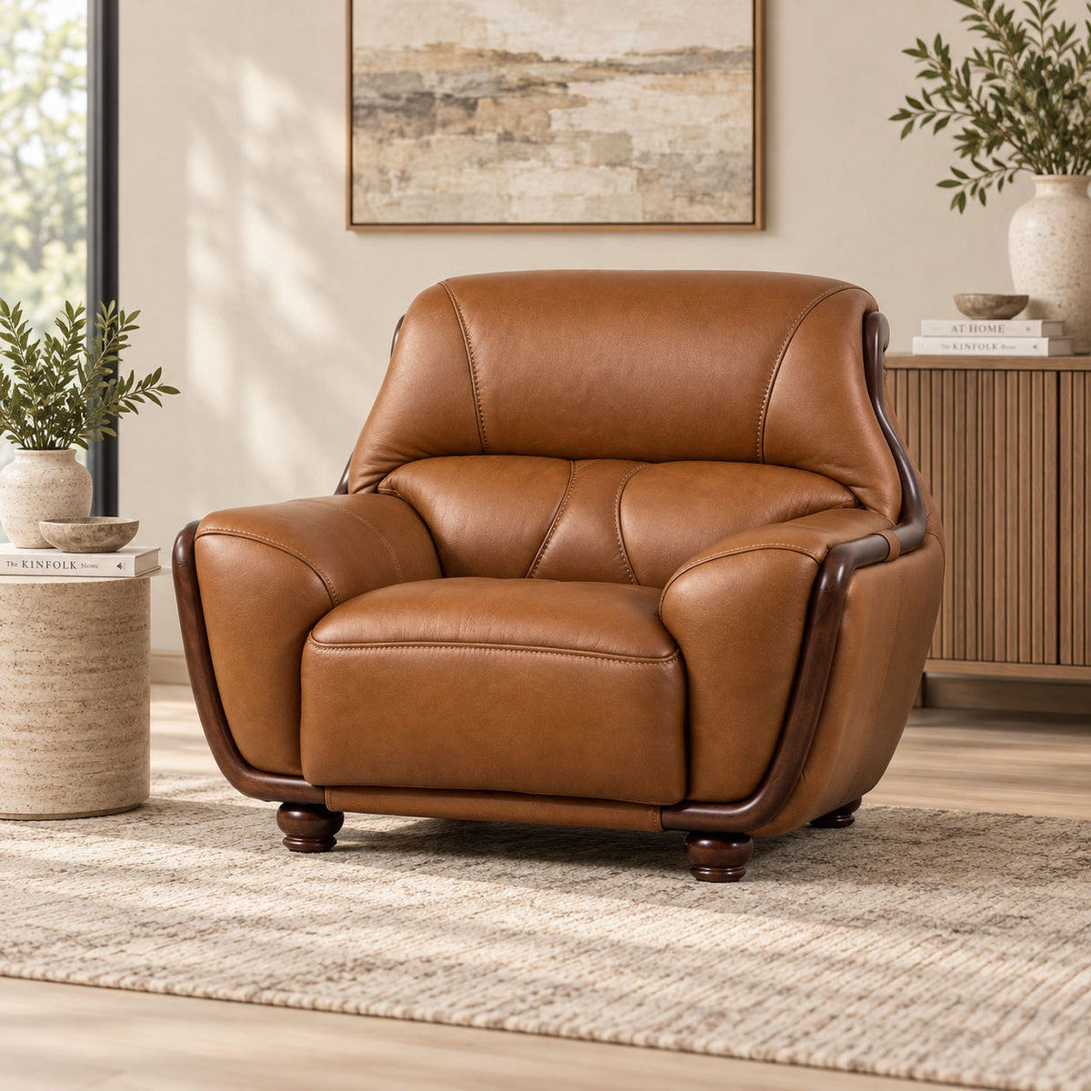 Leather Gallery Zuri 1 Seater Leather Couch in Czar Pecan, featuring dark wood legs and a modern armchair design.