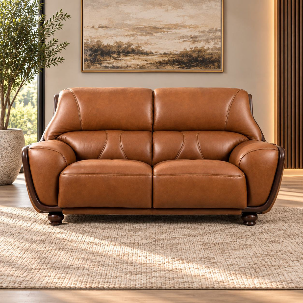 Leather Gallery Zuri 2 Seater Leather Couch in Czar Pecan, featuring dark wood arms and legs with warm leather upholstery.