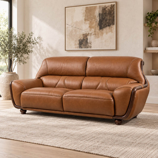 Leather Gallery Zuri 3 Seater Leather Couch in Czar Pecan, featuring tufted cushions and dark wooden legs.