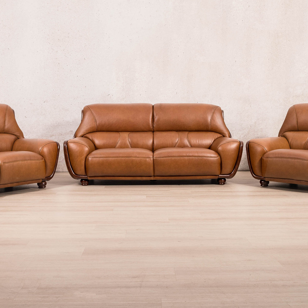 Leather Gallery Zuri 3+2+1 Leather Couch Suite in Czar Pecan, featuring matching 3 seater, 2 seater, and 1 seater couches.