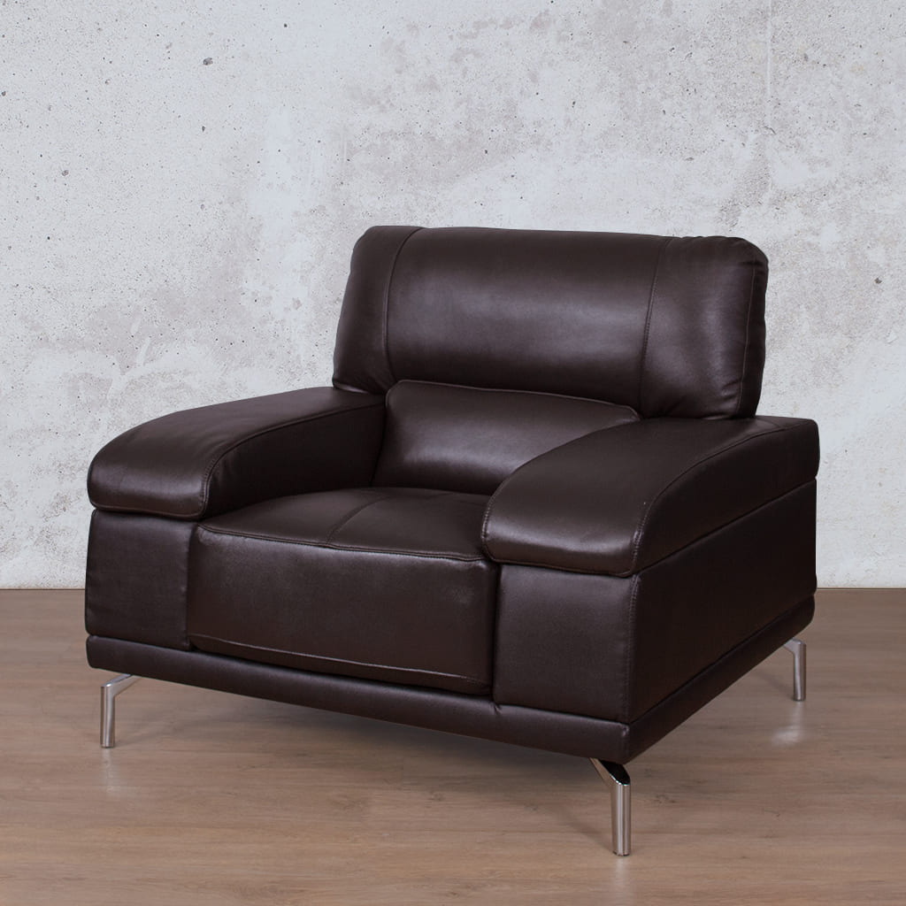 Angle view of the Adaline 1 Seater Leather Sofa - Choc | Couches, leather single couch, single couches for sale, pleather couch