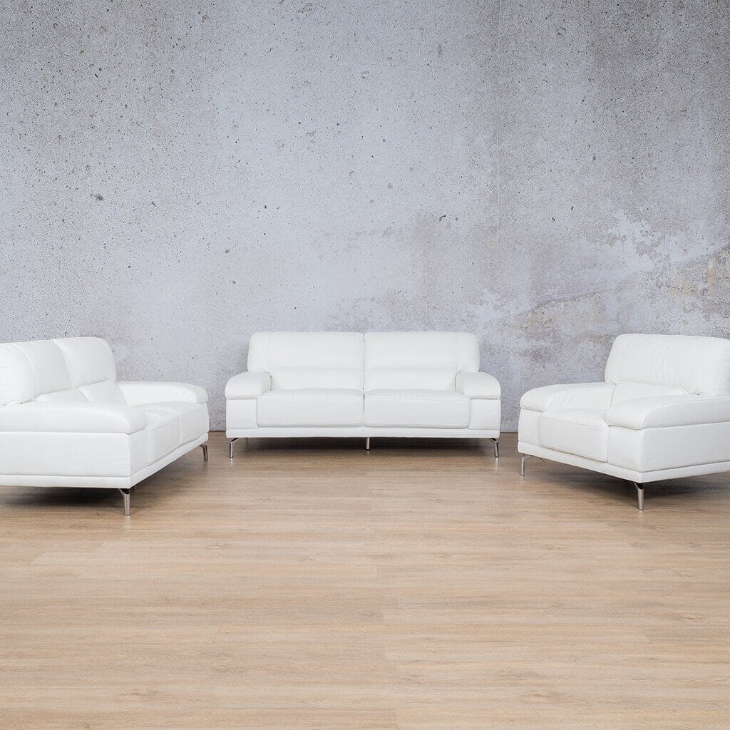 Front view of the Adaline 3 piece lounge suite in White leather upholstery. | Leather couches for sale, leather couch, white leather couch, couches 