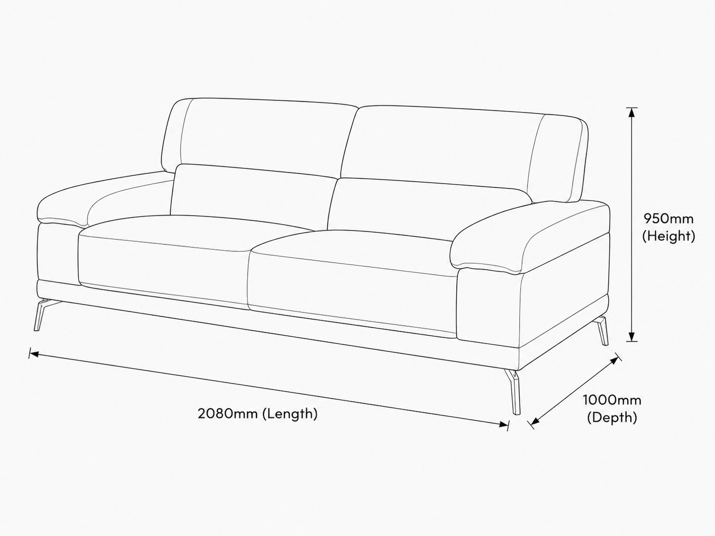 Measurement chart for Adaline 3 Seater Leather Couch