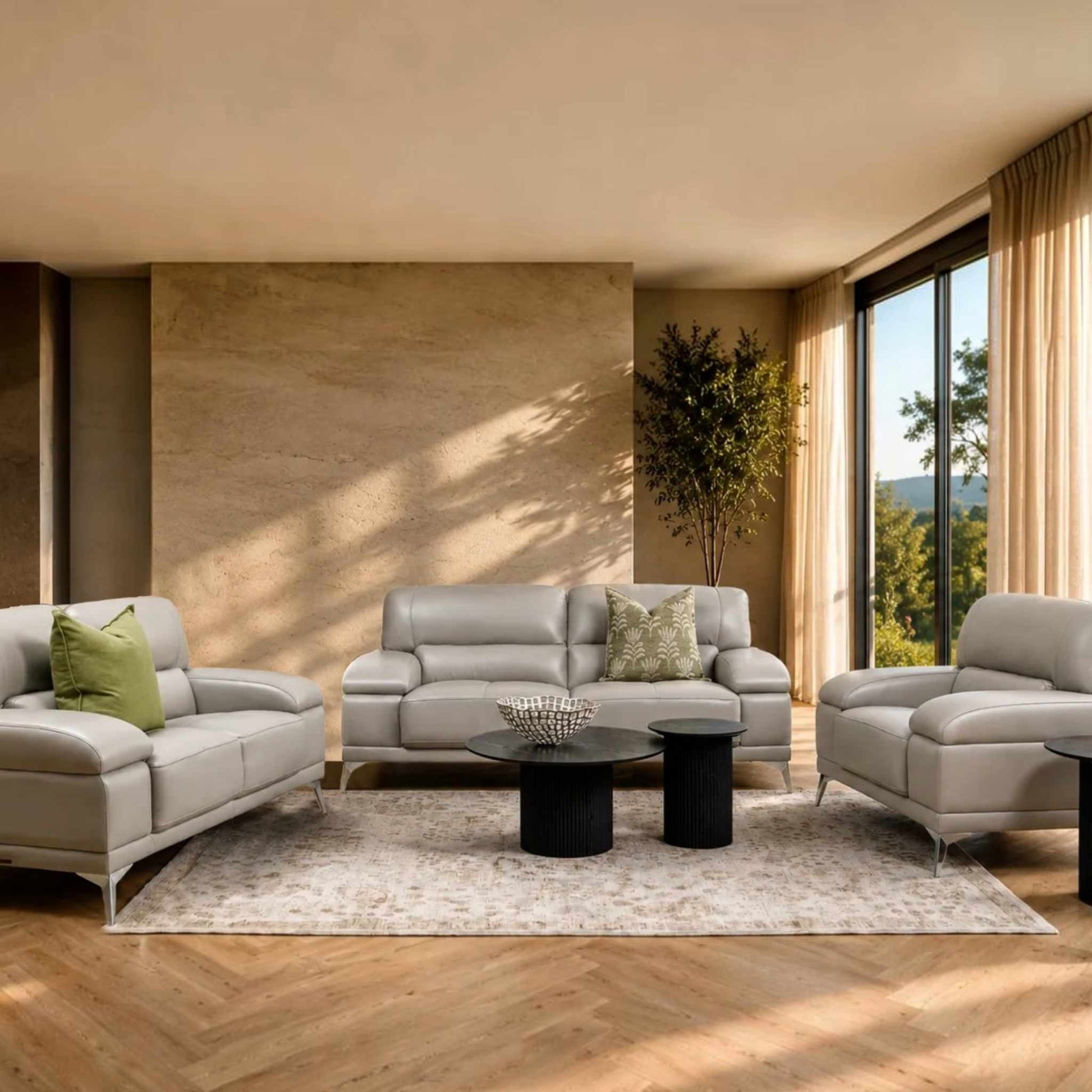 Adaline 3+2+1 Leather Lounge Suite in Luxe Grey, shown in a sophisticated lounge setting. | Leather couches, couches for sale, sofas and couches, lounge suite
