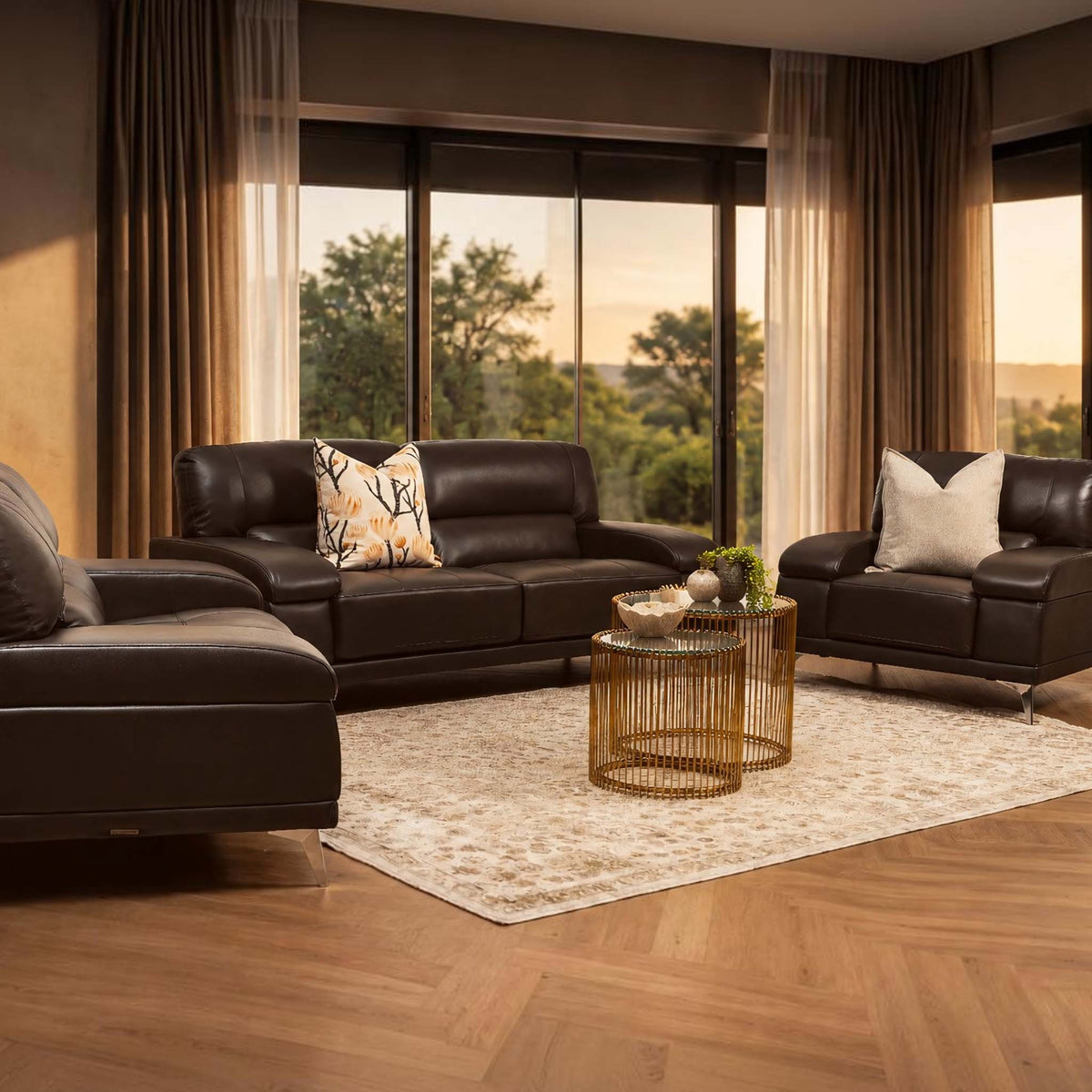 Leather Gallery Adaline 3+2+1 Leather Lounge Suite in Choc, styled with matching 3 seater, 2 seater, and 1 seater leather seating in a luxury living room.