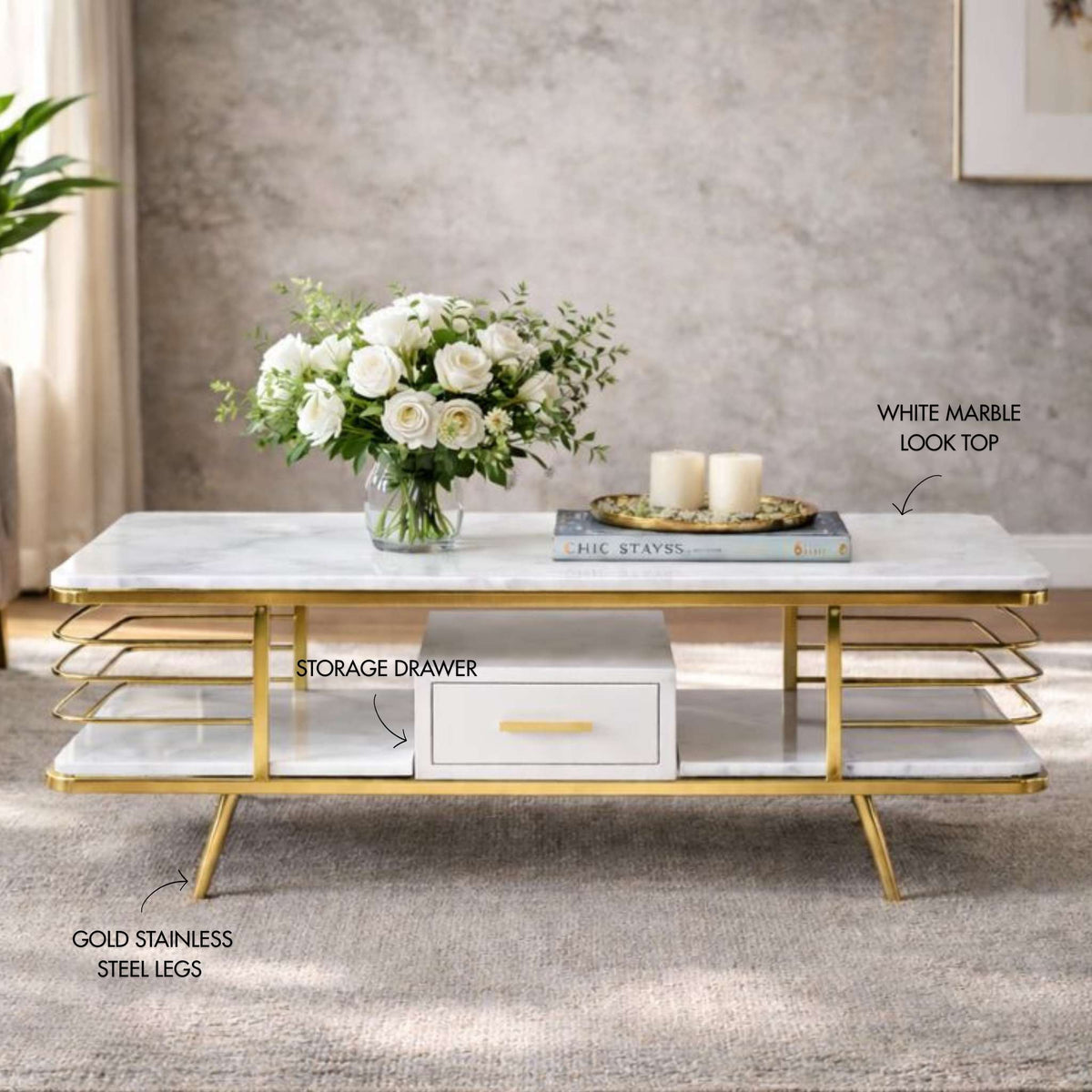 Alba Coffee Table in Gold - Stainless Steel Gold - Coffee Table | Leather Gallery 