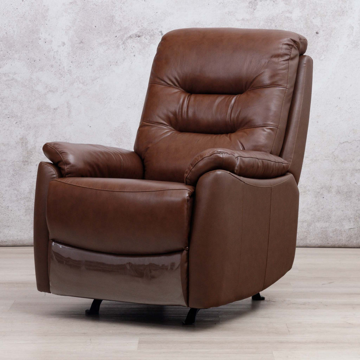 Leather Gallery Dallas Leather Rocker Recliner Chair in Saddle, featuring tufted back cushions and padded armrests.