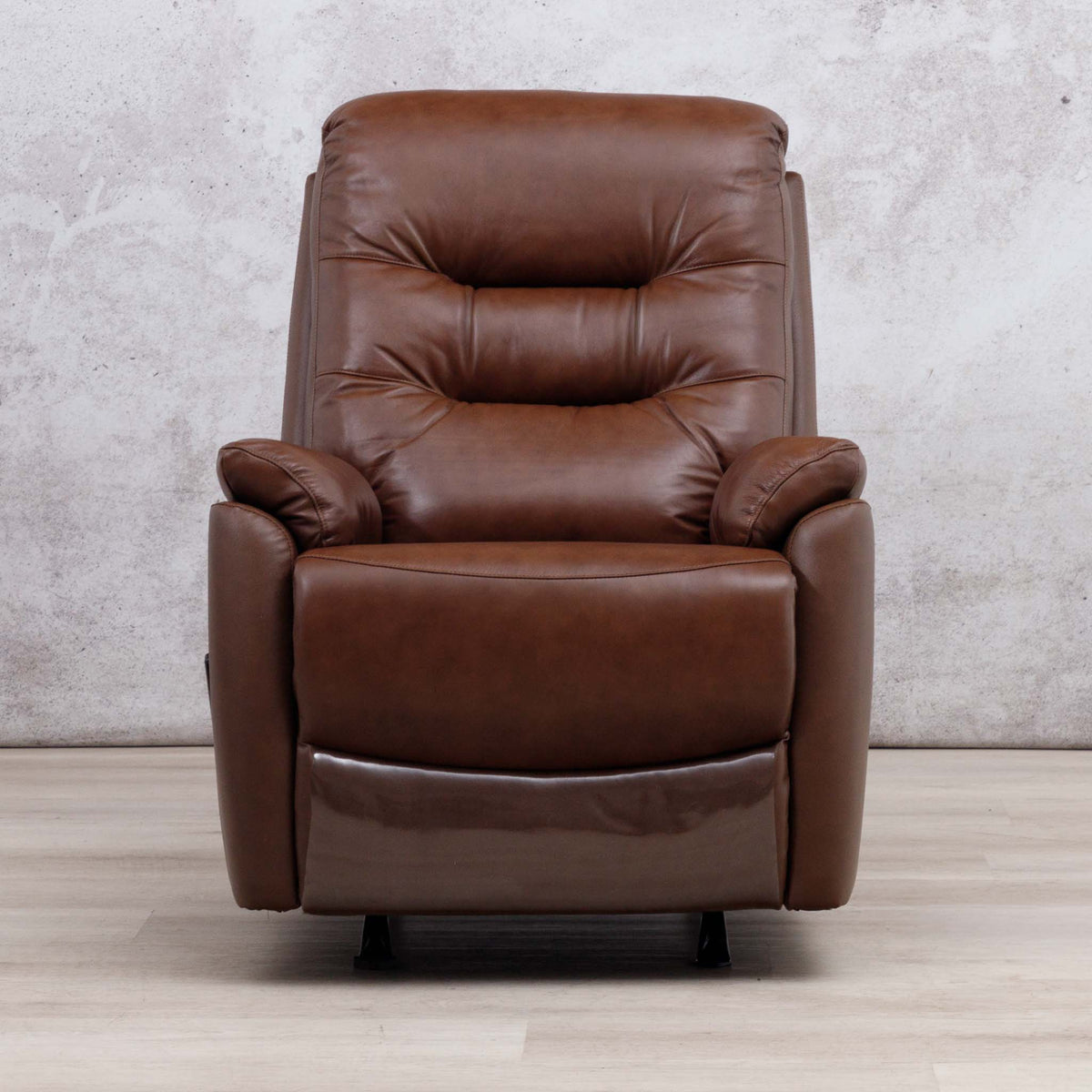 Leather Gallery Dallas Leather Rocker Recliner Chair in Saddle, featuring tufted back cushions and padded armrests.