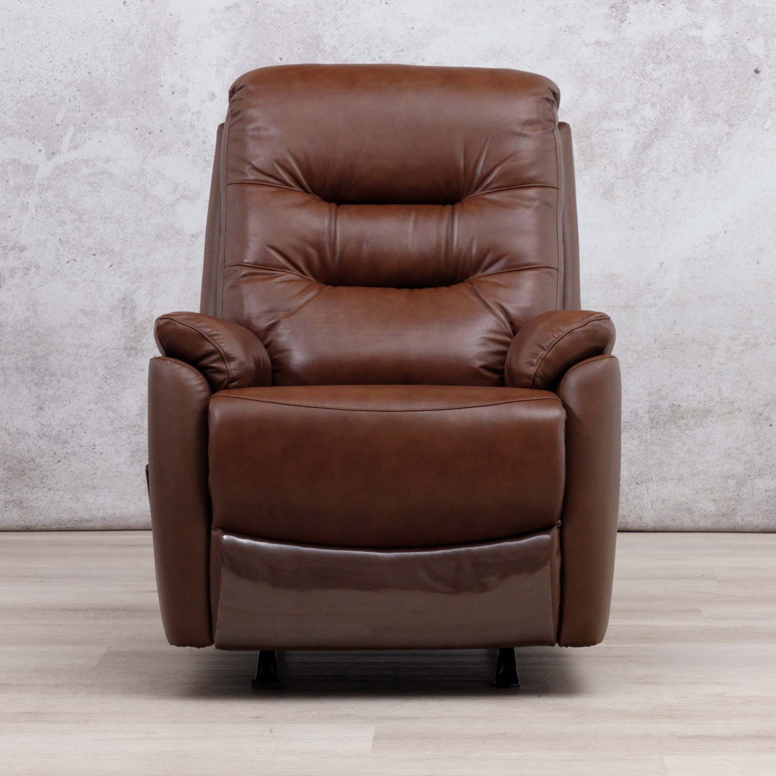 Leather Gallery Dallas Leather Rocker Recliner Chair in Saddle, featuring tufted back cushions and padded armrests.