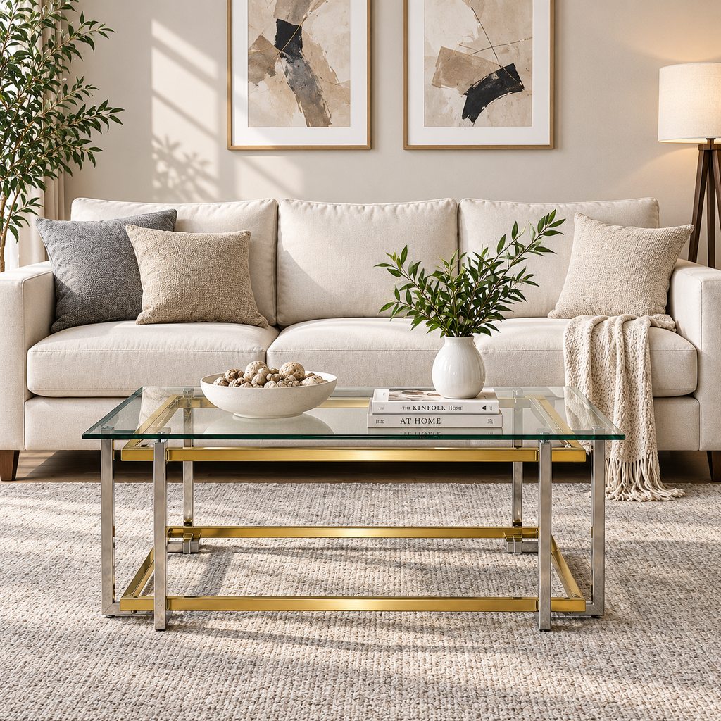 Leather Gallery Arabella Coffee Table, featuring a glass top styled with decorative accents in a modern living room.