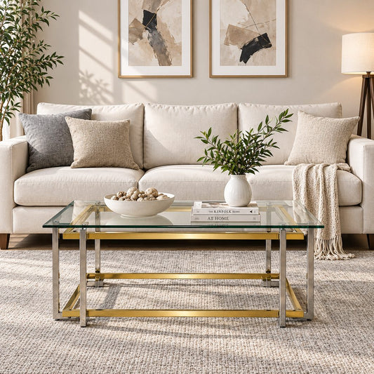 Leather Gallery Arabella Coffee Table, featuring a glass top styled with decorative accents in a modern living room.