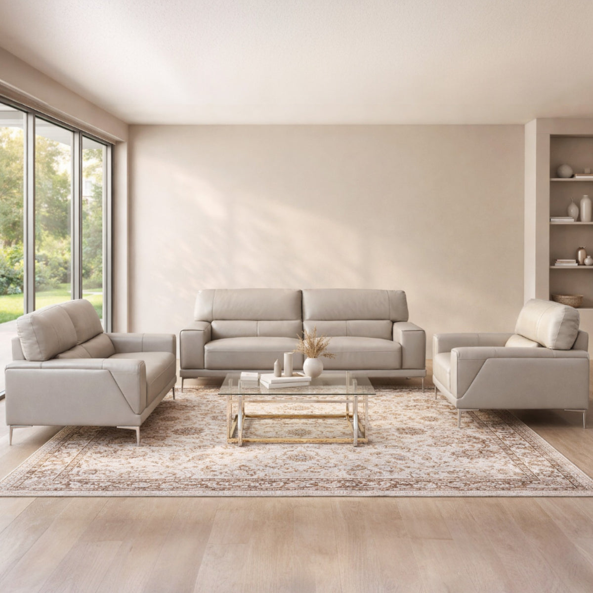 Atlanta Leather Lounge Suite - Luxe beige - in a minimalist lounge setting | Leather lounge suite, leather couch, leather couch set 