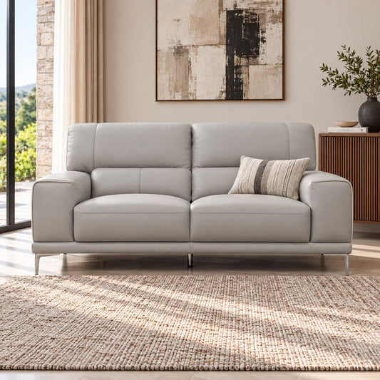 Leather Gallery Atlanta 2 Seater Leather Couch in Luxe Beige, featuring a modern design and light leather upholstery.