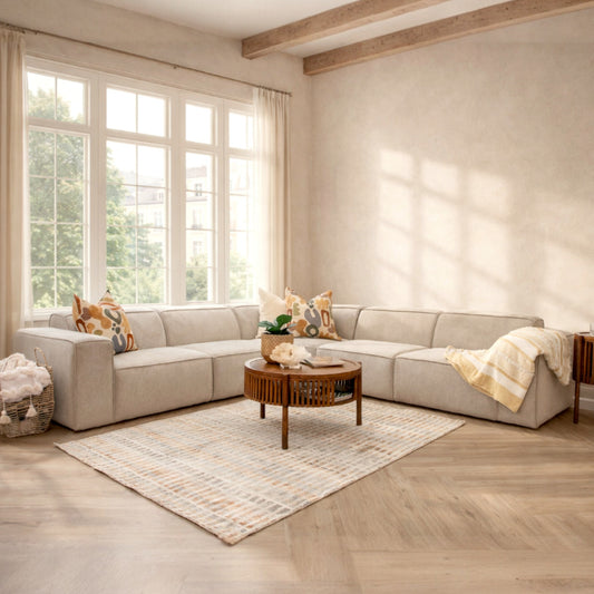 Austin Fabric L-Sectional 5-seater couch in Belle Beige | Leather Gallery Corner Couches, fabric corner couch, modular sectional couch, l-shaped couches
