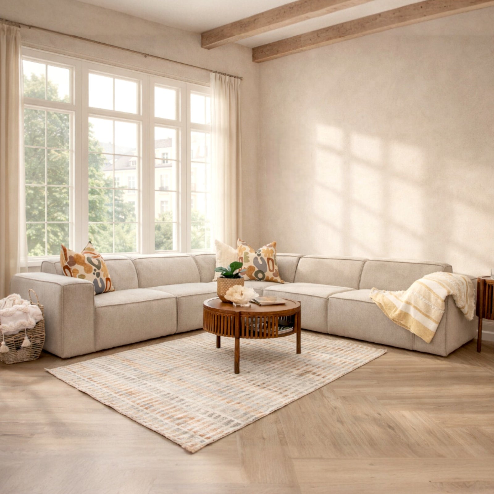 Austin Fabric L-Sectional 5-seater couch in Belle Beige | Leather Gallery Corner Couches, fabric corner couch, modular sectional couch, l-shaped couches