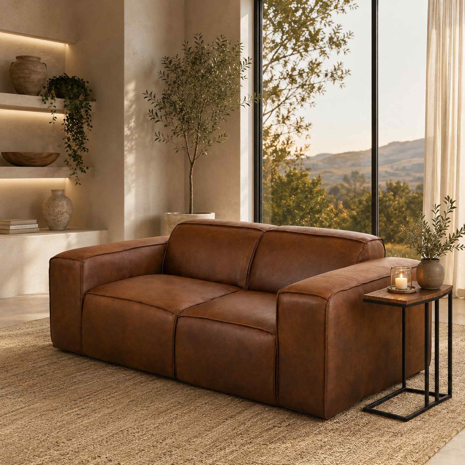 Leather Gallery Austin 2 Seater Leather Couch in rich brown, styled in a contemporary living room with a side table and scenic window view.